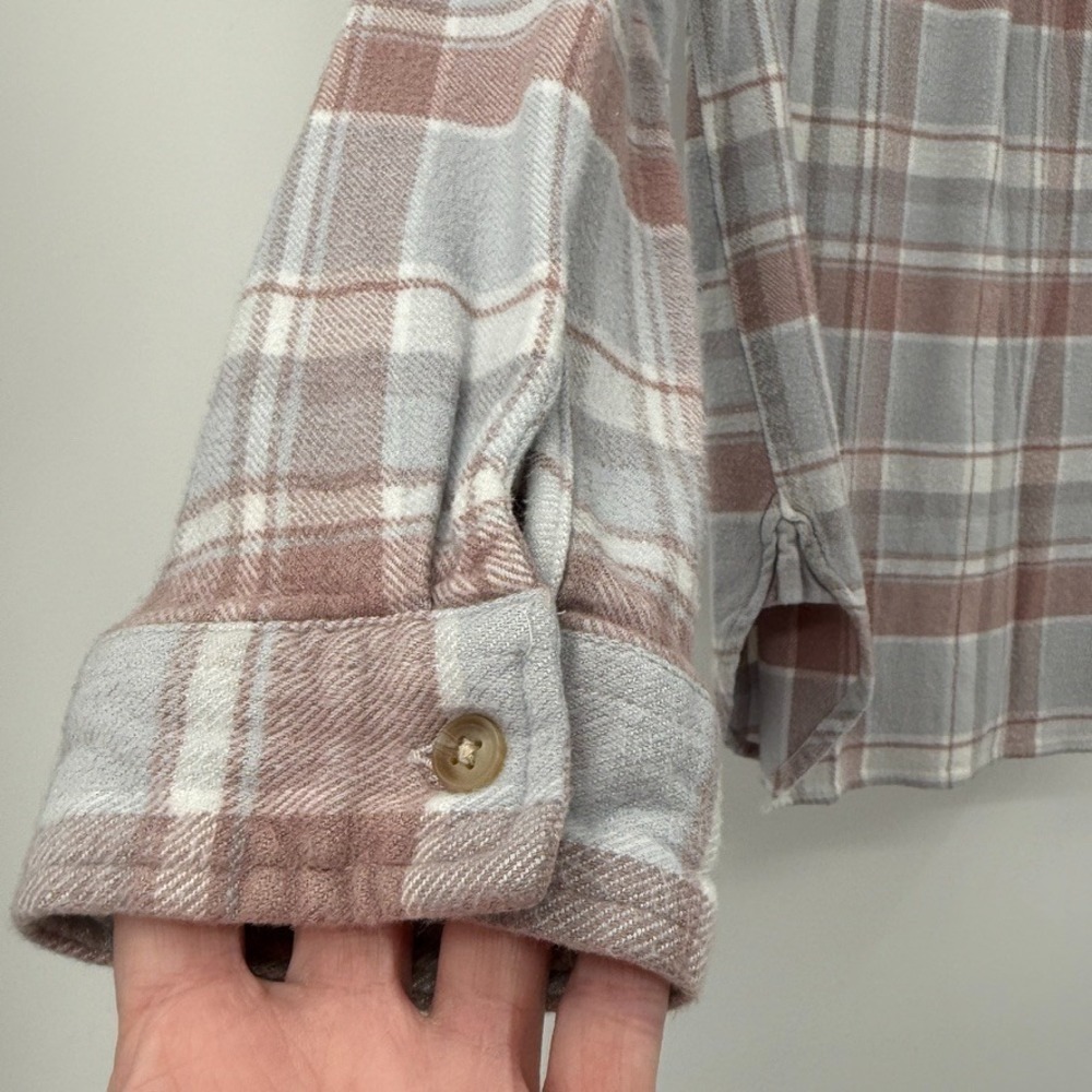 Womens Soft Plaid Flannel Shirt Size‎ L Dusty Mauve Neutral Granola Girl Hiking - Picture 12 of 14